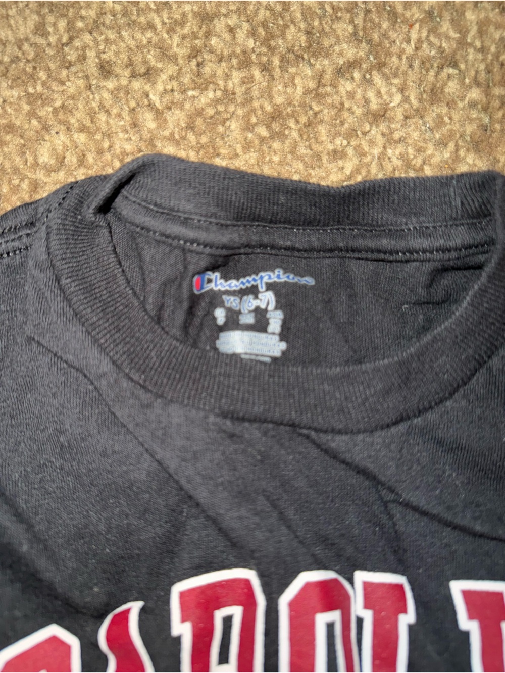 Champion Black Tee with Maroon and White Block Logo